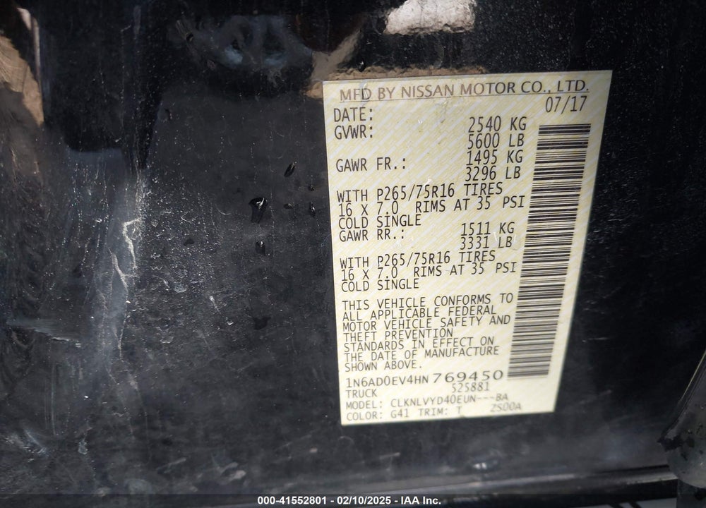2017 NISSAN FRONTIER VIN: 1N6AD0EV4HN769450