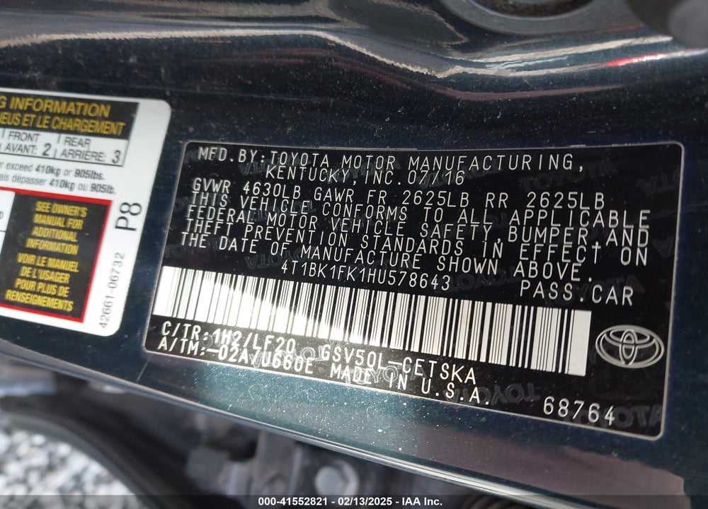 2017 TOYOTA CAMRY VIN: 4T1BK1FK1HU578643
