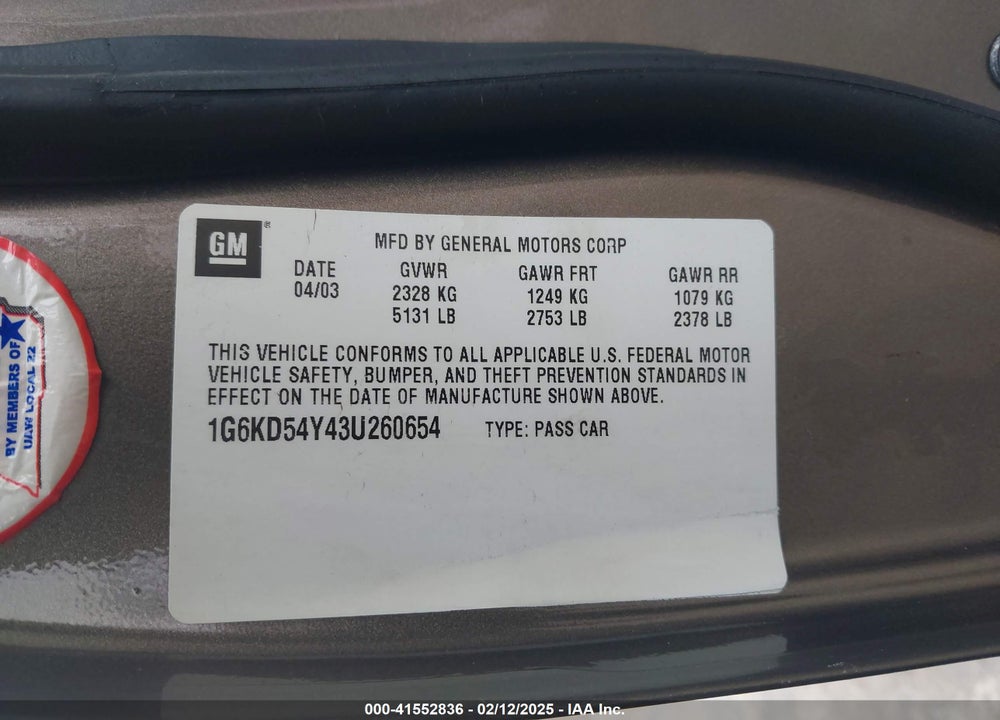 2003 CADILLAC DEVILLE STANDARD VIN: 1G6KD54Y43U260654