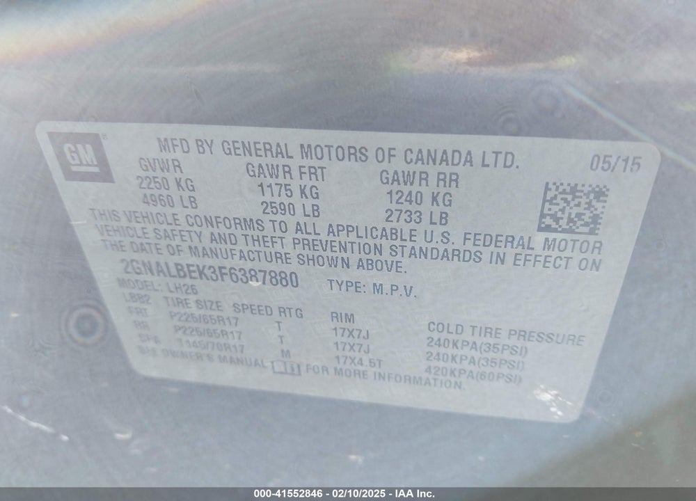 2015 CHEVROLET EQUINOX 1LT VIN: 2GNALBEK3F6387880