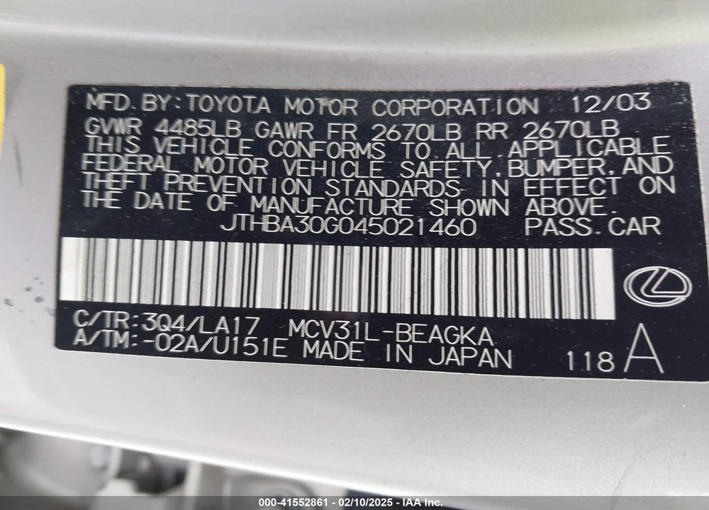 2004 LEXUS ES 330 VIN: JTHBA30G045021460