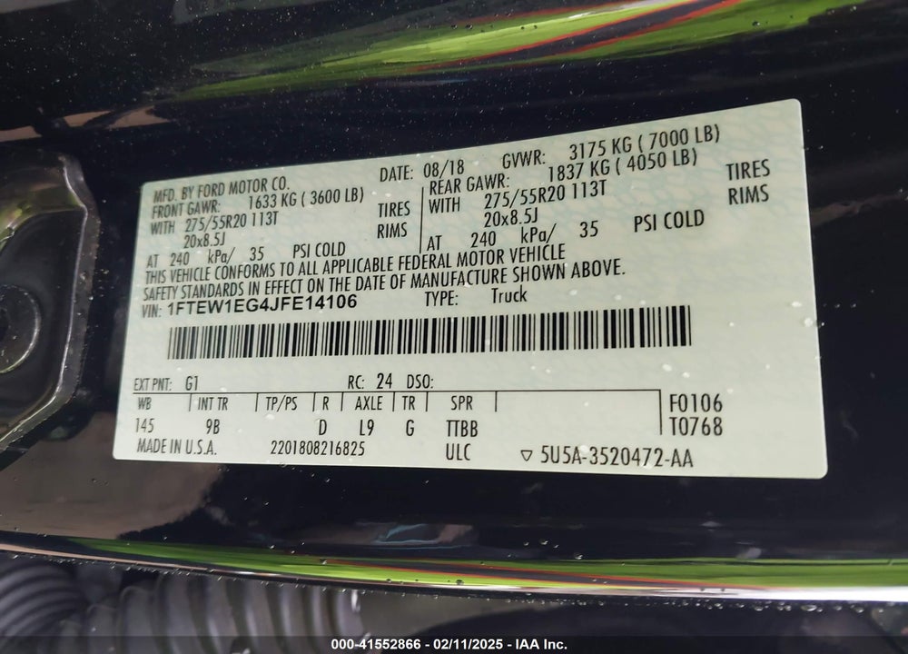 2018 FORD F-150 PLATINUM VIN: 1FTEW1EG4JFE14106