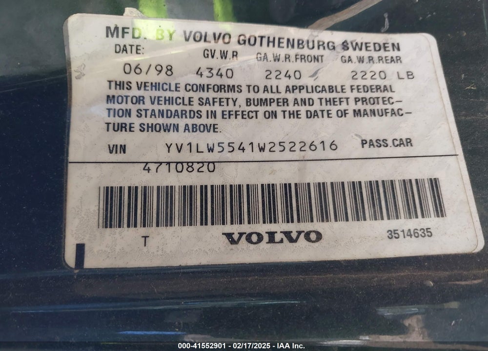 1998 VOLVO V70 GTAS/GTMS VIN: YV1LW5541W2522616