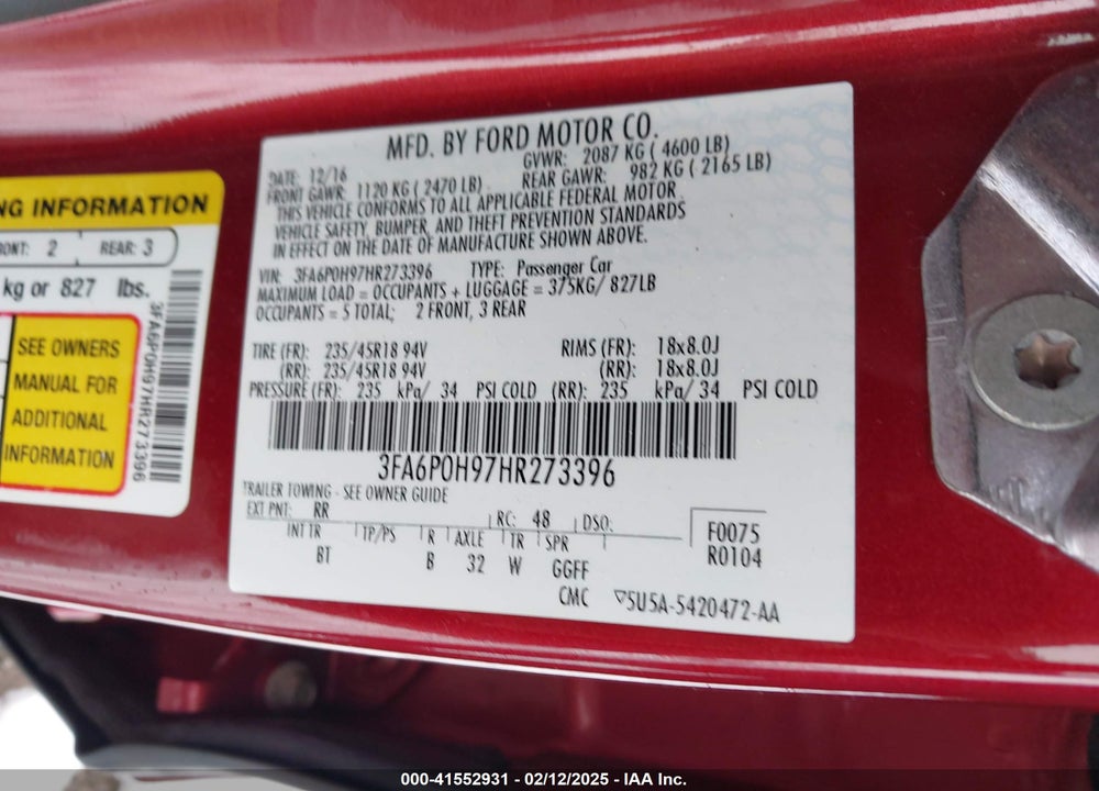 2017 FORD FUSION SE VIN: 3FA6P0H97HR273396