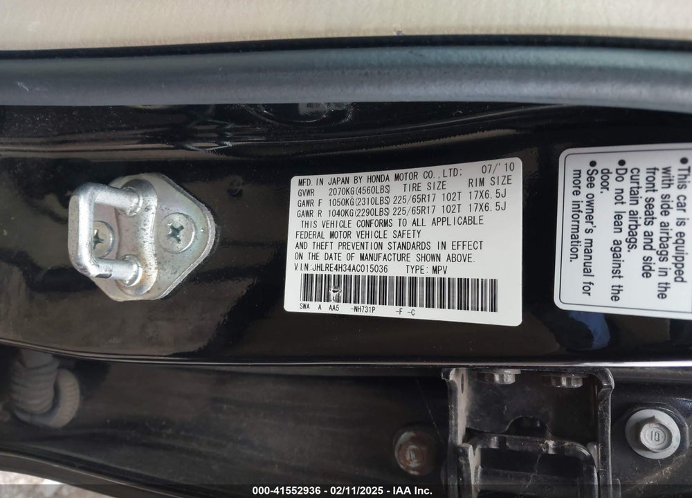 2010 HONDA CR-V LX VIN: JHLRE4H34AC015036