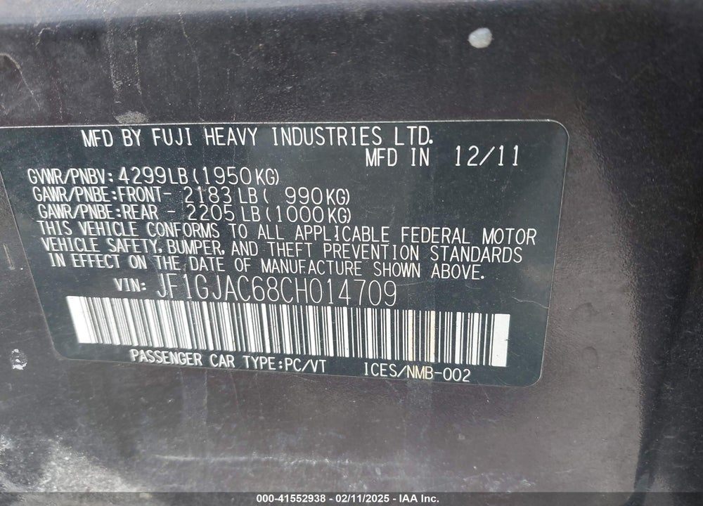 2012 SUBARU IMPREZA 2.0I PREMIUM VIN: JF1GJAC68CH014709