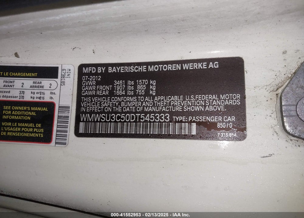 2013 MINI HARDTOP COOPER VIN: WMWSU3C50DT545333