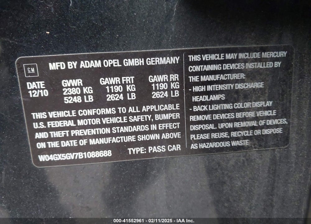 2011 BUICK REGAL VIN: W04GX5GV7B1088688