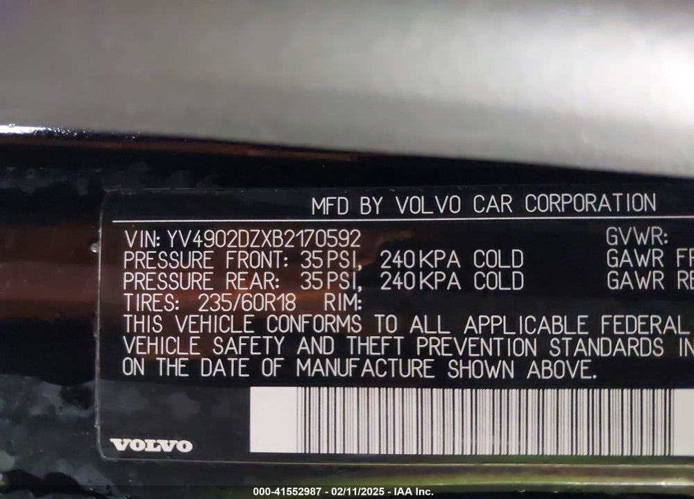 2011 VOLVO XC60 T6/T6 R-DESIGN VIN: YV4902DZXB2170592