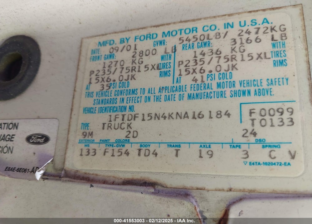 1989 FORD F150 VIN: 1FTDF15N4KNA16184