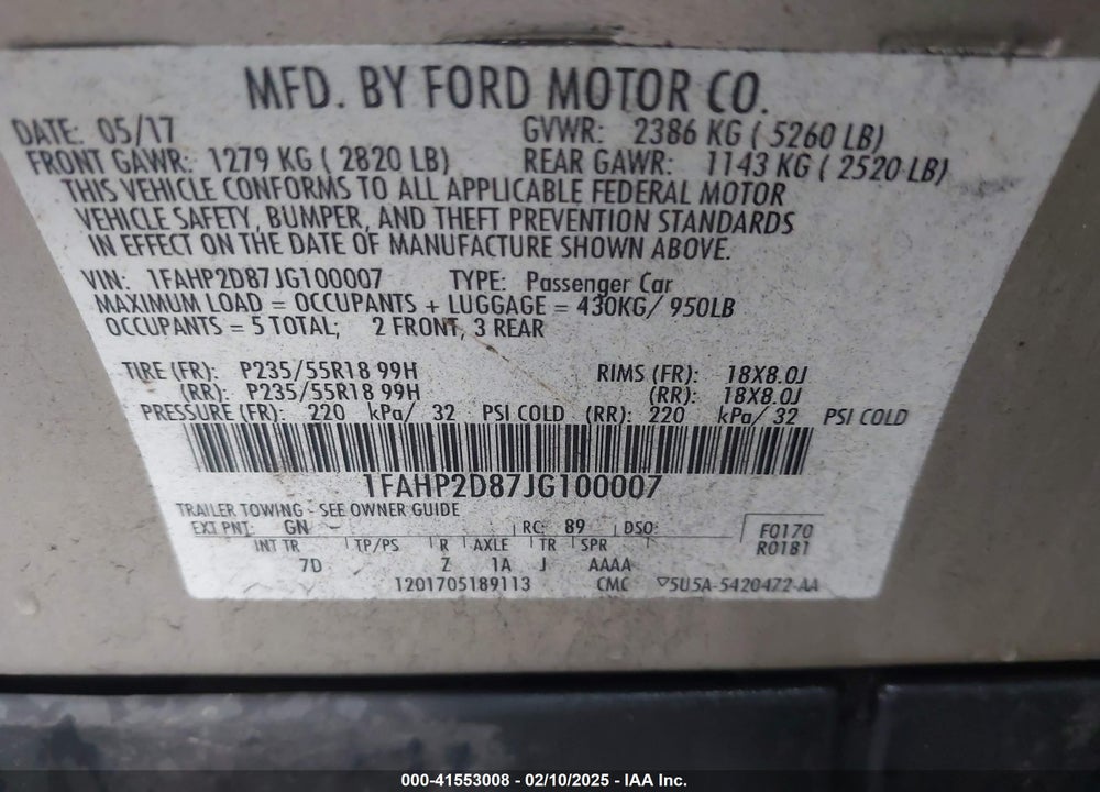 2018 FORD TAURUS VIN: 1FAHP2D87JG100007