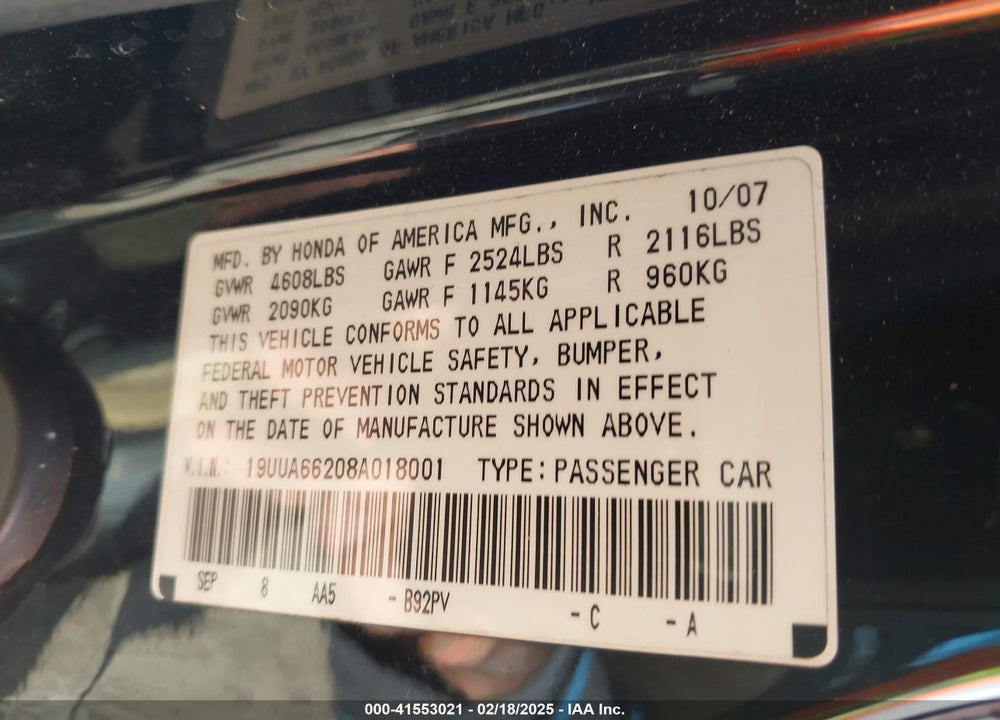 2008 ACURA TL VIN: 19UUA66208A018001