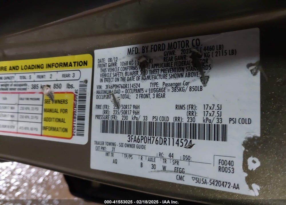 2013 FORD FUSION VIN: 3FA6P0H76DR114524