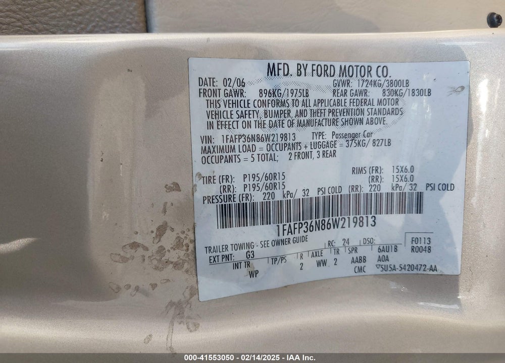 2006 FORD FOCUS ZXW VIN: 1FAFP36N86W219813