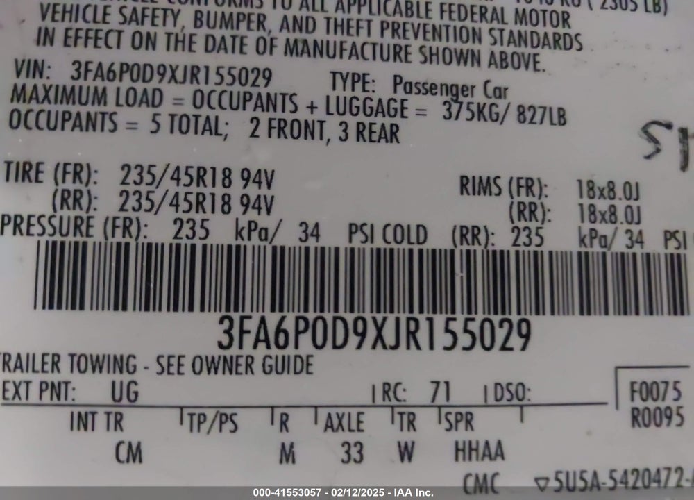 2018 FORD FUSION TITANIUM VIN: 3FA6P0D9XJR155029