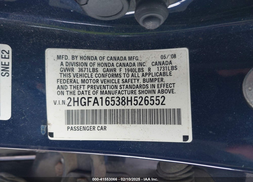 2008 HONDA CIVIC LX VIN: 2HGFA16538H526552