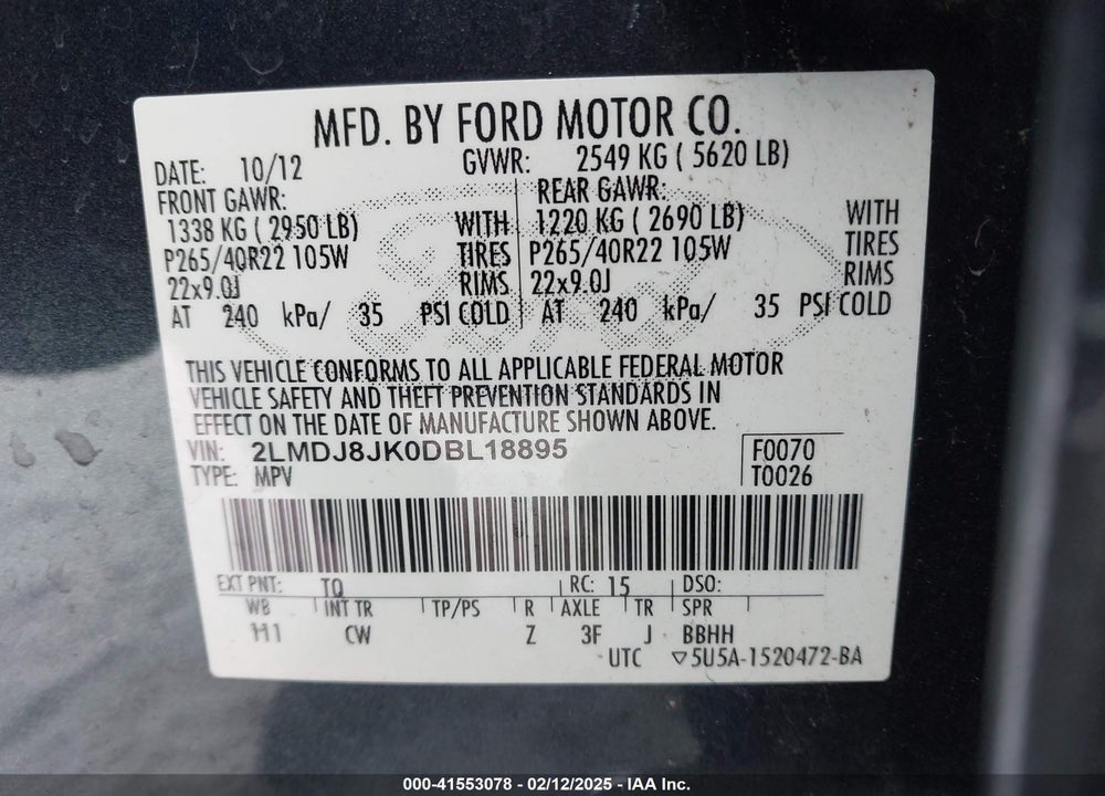2013 LINCOLN MKX VIN: 2LMDJ8JK0DBL18895