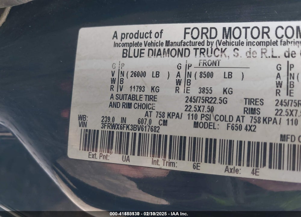 2011 FORD F-650 XL/XLT VIN: 3FRWX6FK3BV617682