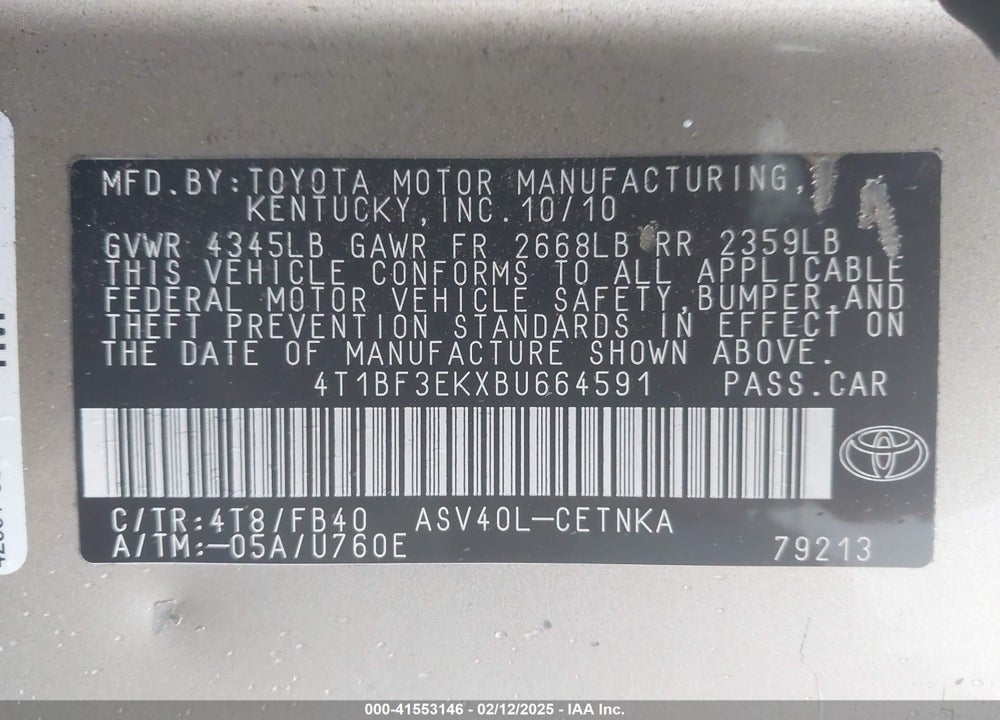 2011 TOYOTA CAMRY VIN: 4T1BF3EKXBU664591