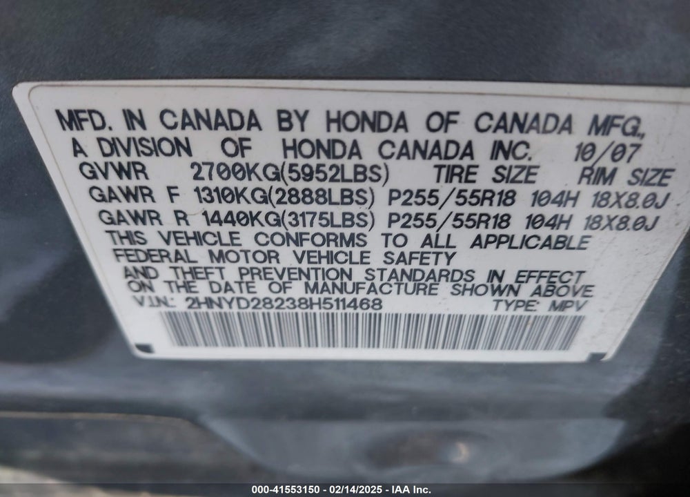 2008 ACURA MDX VIN: 2HNYD28238H511468