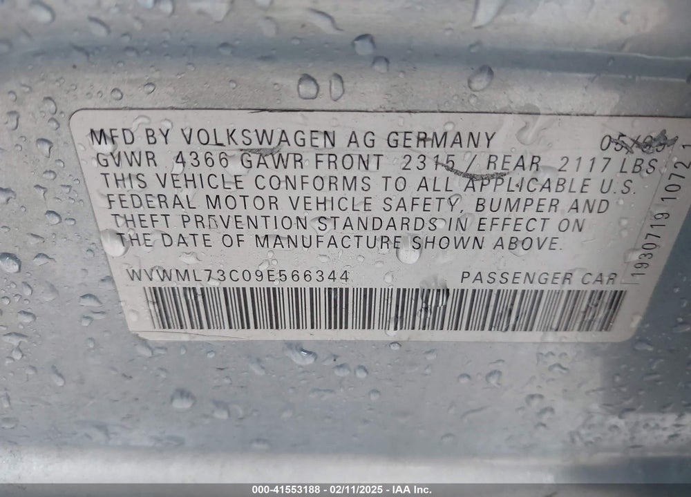 2009 VOLKSWAGEN CC SPORT VIN: WVWML73C09E566344