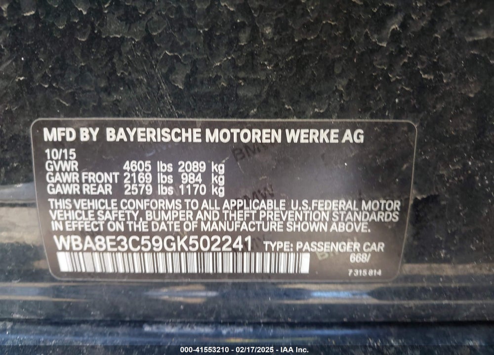 2016 BMW 328I VIN: WBA8E3C59GK502241