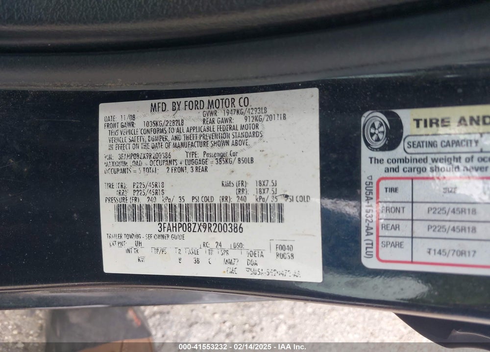 2009 FORD FUSION VIN: 3FAHP08ZX9R200386
