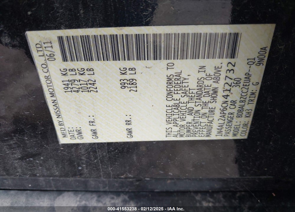 2012 NISSAN ALTIMA VIN: 1N4AL2AP6CN412732