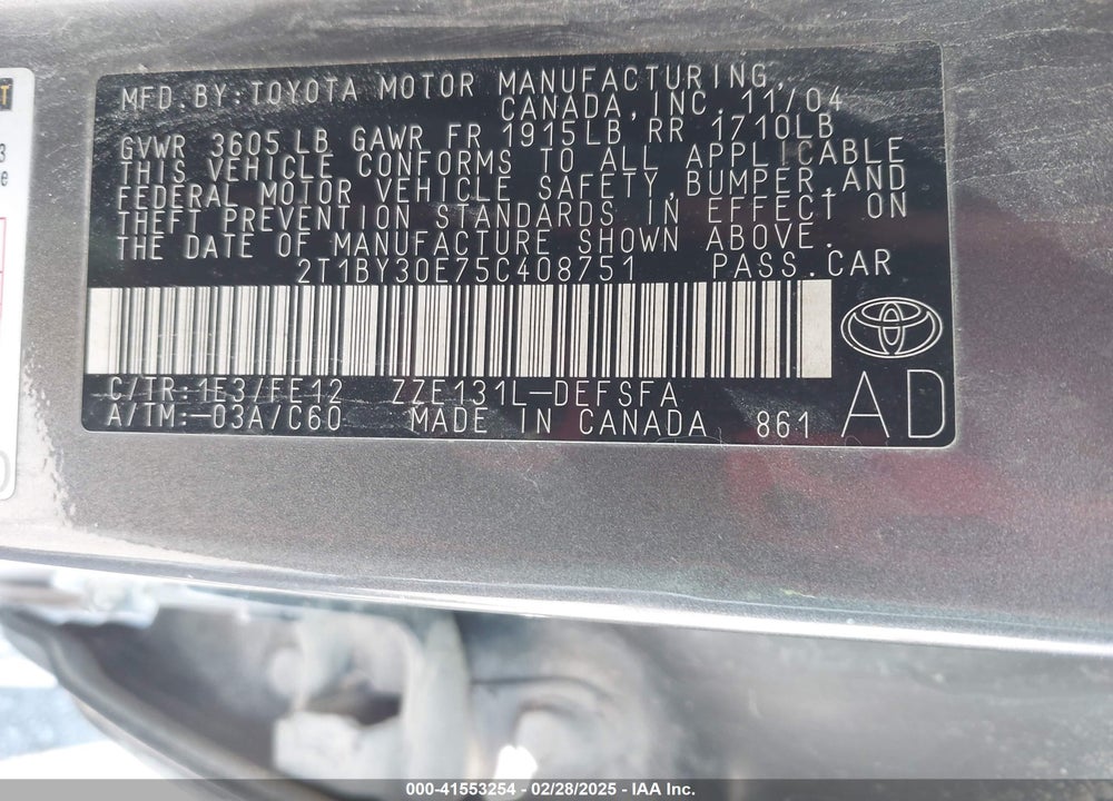 2005 TOYOTA COROLLA XRS VIN: 2T1BY30E75C408751