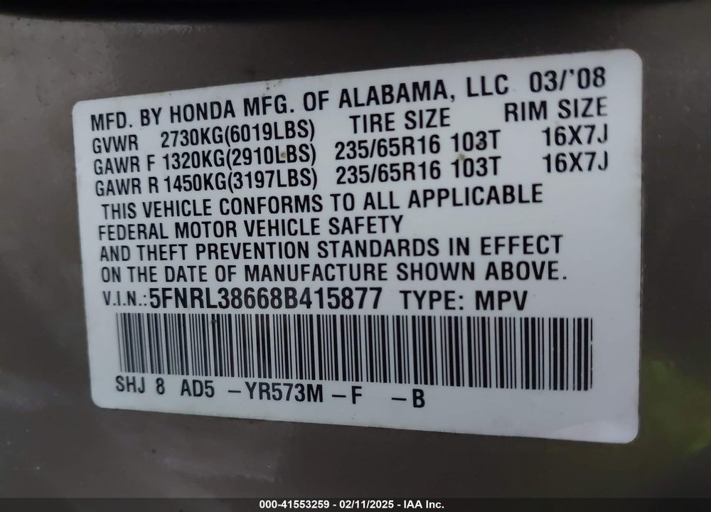2008 HONDA ODYSSEY EX-L VIN: 5FNRL38668B415877