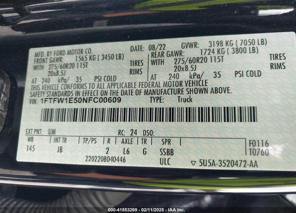 2022 FORD F150 VIN: 1FTFW1E50NFC00609