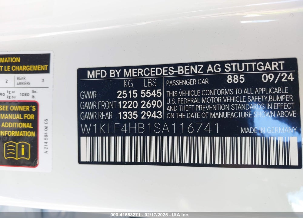 2025 MERCEDES-BENZ E 350 VIN: W1KLF4HB1SA116741