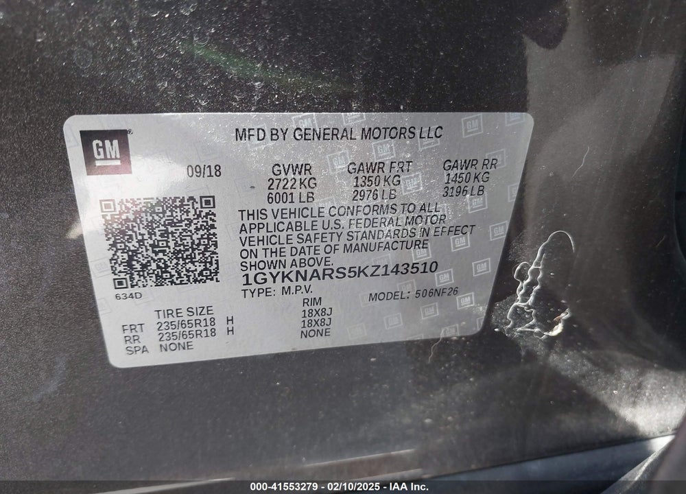 2019 CADILLAC XT5 STANDARD VIN: 1GYKNARS5KZ143510