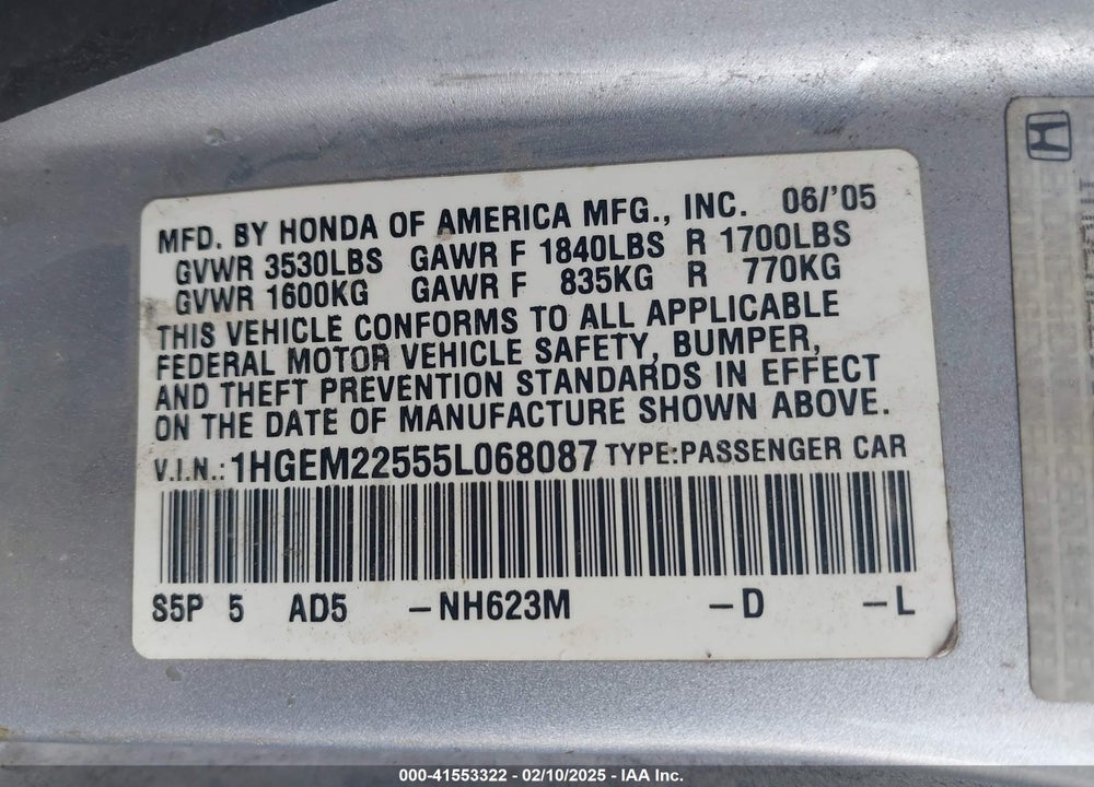 2005 HONDA CIVIC LX VIN: 1HGEM22555L068087