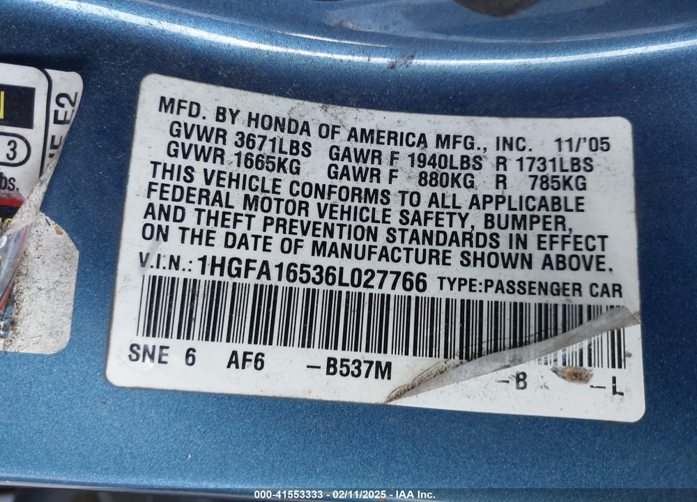 2006 HONDA CIVIC LX VIN: 1HGFA16536L027766