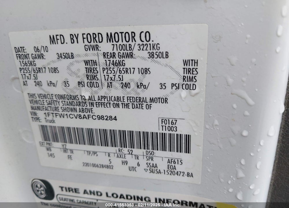 2010 FORD F-150 VIN: 1FTFW1CV8AFC98284