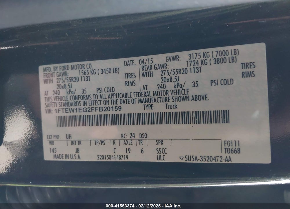 2015 FORD F-150 VIN: 1FTEW1EG2FFB20159