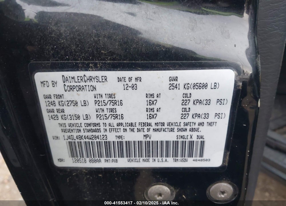 2004 JEEP LIBERTY SPORT VIN: 1J4GL48K44W204123