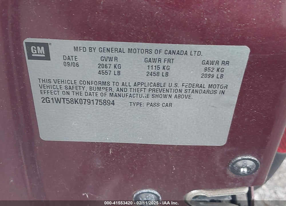 2007 CHEVROLET IMPALA LT VIN: 2G1WT58K079175894