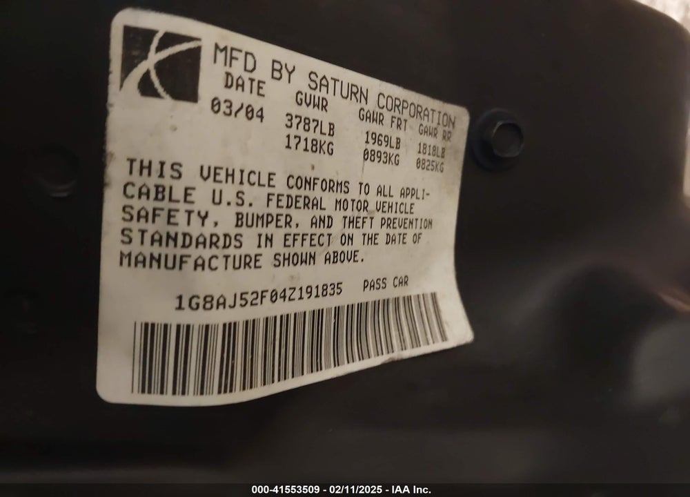 2004 SATURN ION 2 VIN: 1G8AJ52F04Z191835