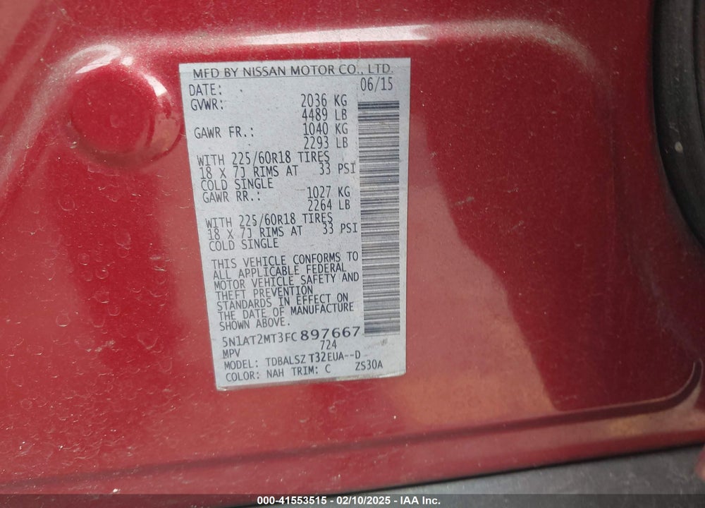 2015 NISSAN ROGUE VIN: 5N1AT2MT3FC897667
