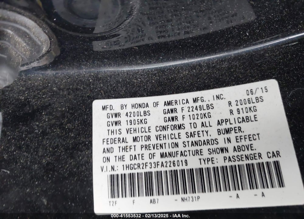 2015 HONDA ACCORD VIN: 1HGCR2F33FA226019