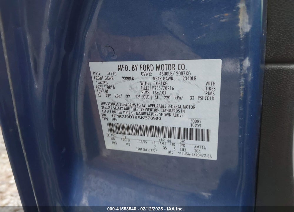 2010 FORD ESCAPE XLT VIN: 1FMCU9D76AKB78980