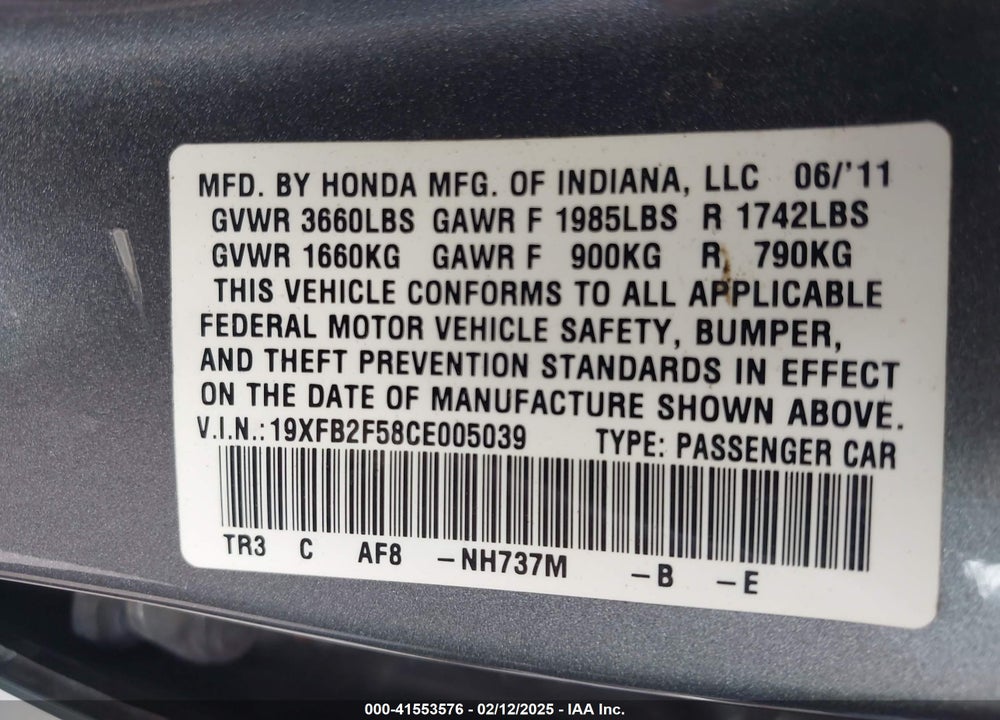 2012 HONDA CIVIC LX VIN: 19XFB2F58CE005039