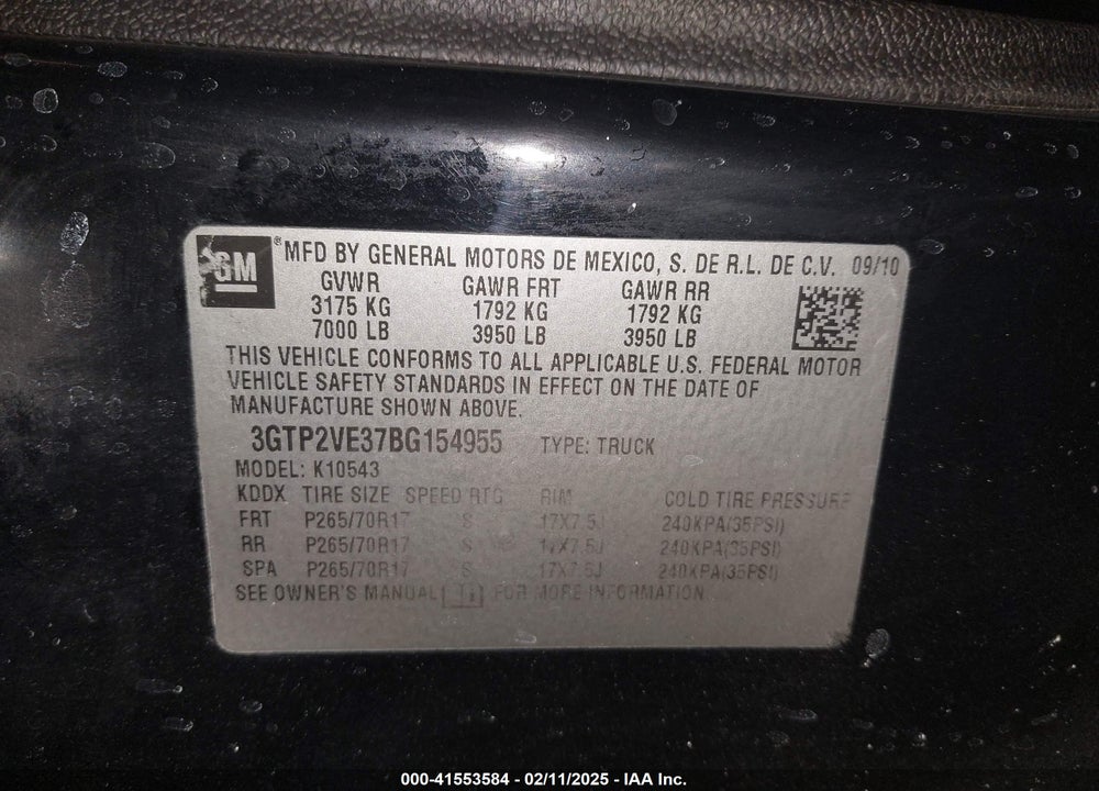 2011 GMC SIERRA 1500 VIN: 3GTP2VE37BG154955