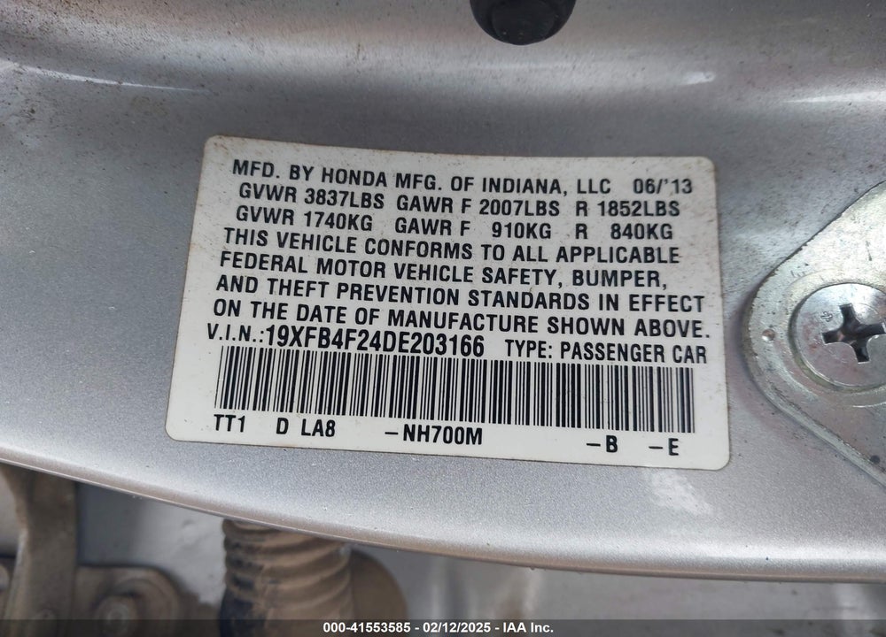 2013 HONDA CIVIC HYBRID VIN: 19XFB4F24DE203166