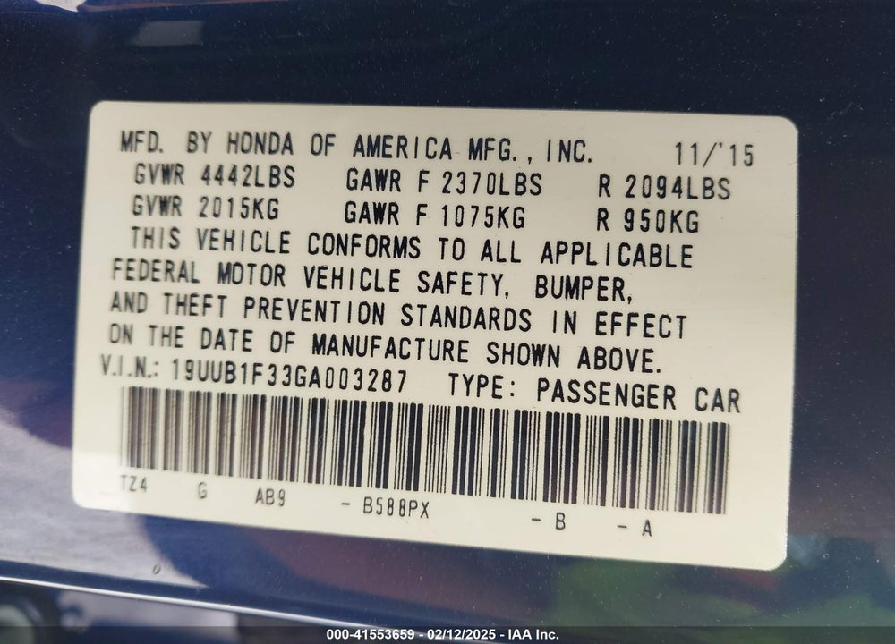 2016 ACURA TLX VIN: 19UUB1F33GA003287