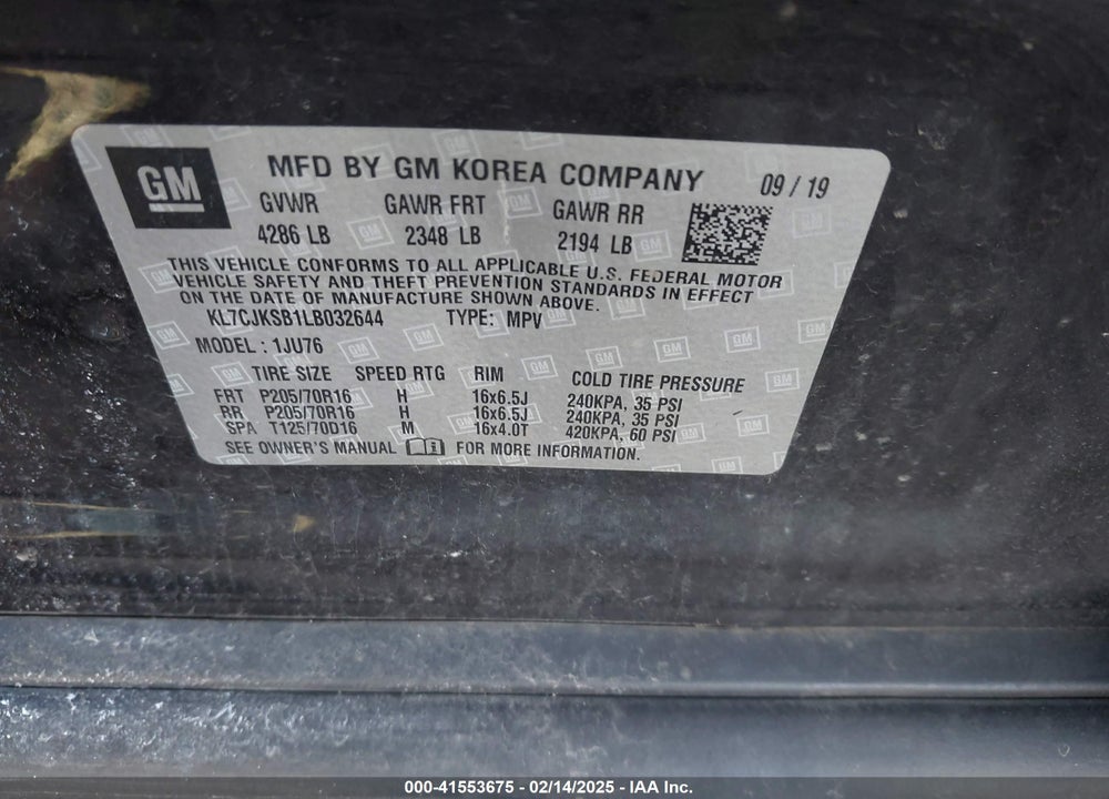 2020 CHEVROLET TRAX FWD LS VIN: KL7CJKSB1LB032644