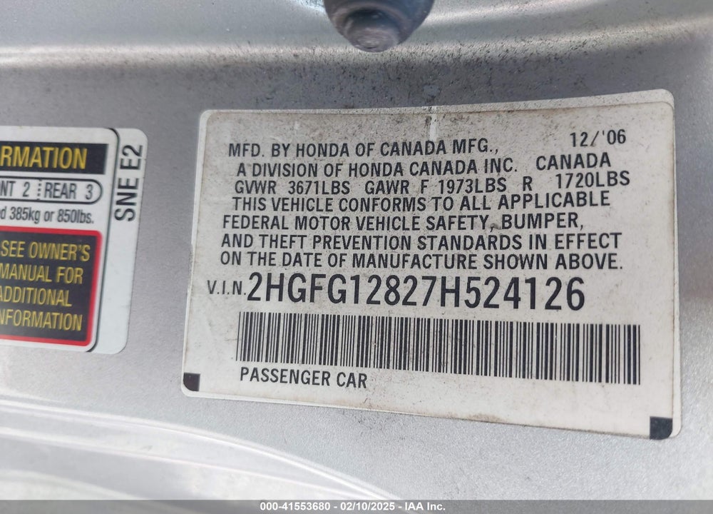 2007 HONDA CIVIC EX VIN: 2HGFG12827H524126
