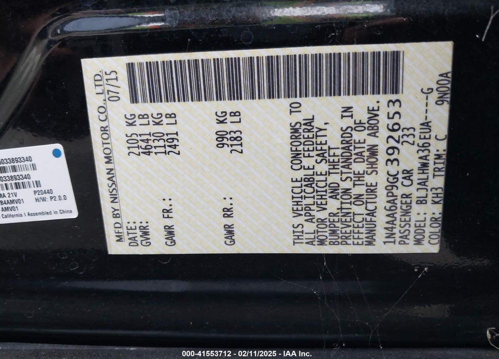 2016 NISSAN MAXIMA VIN: 1N4AA6AP9GC392653